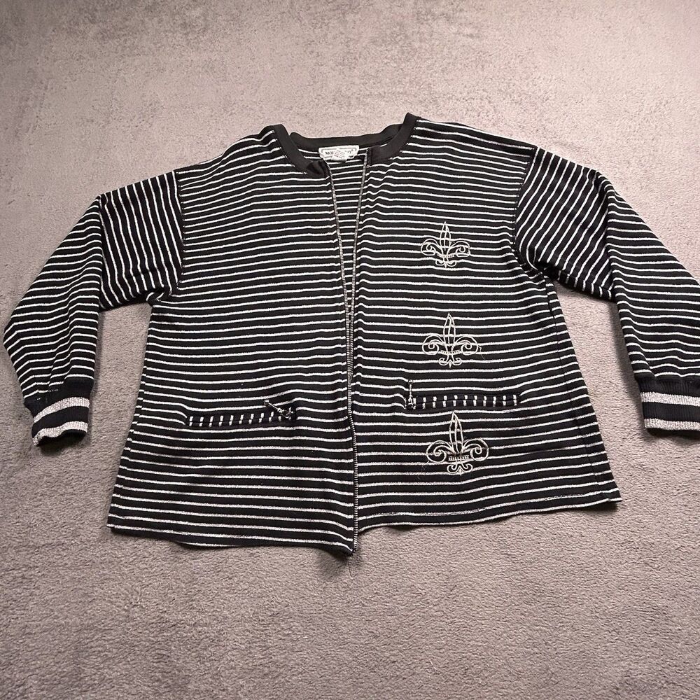 Molto Fino Zip Up Cardigan Women's M Striped Metallic Fleur-de-Lis Vintage Y2K